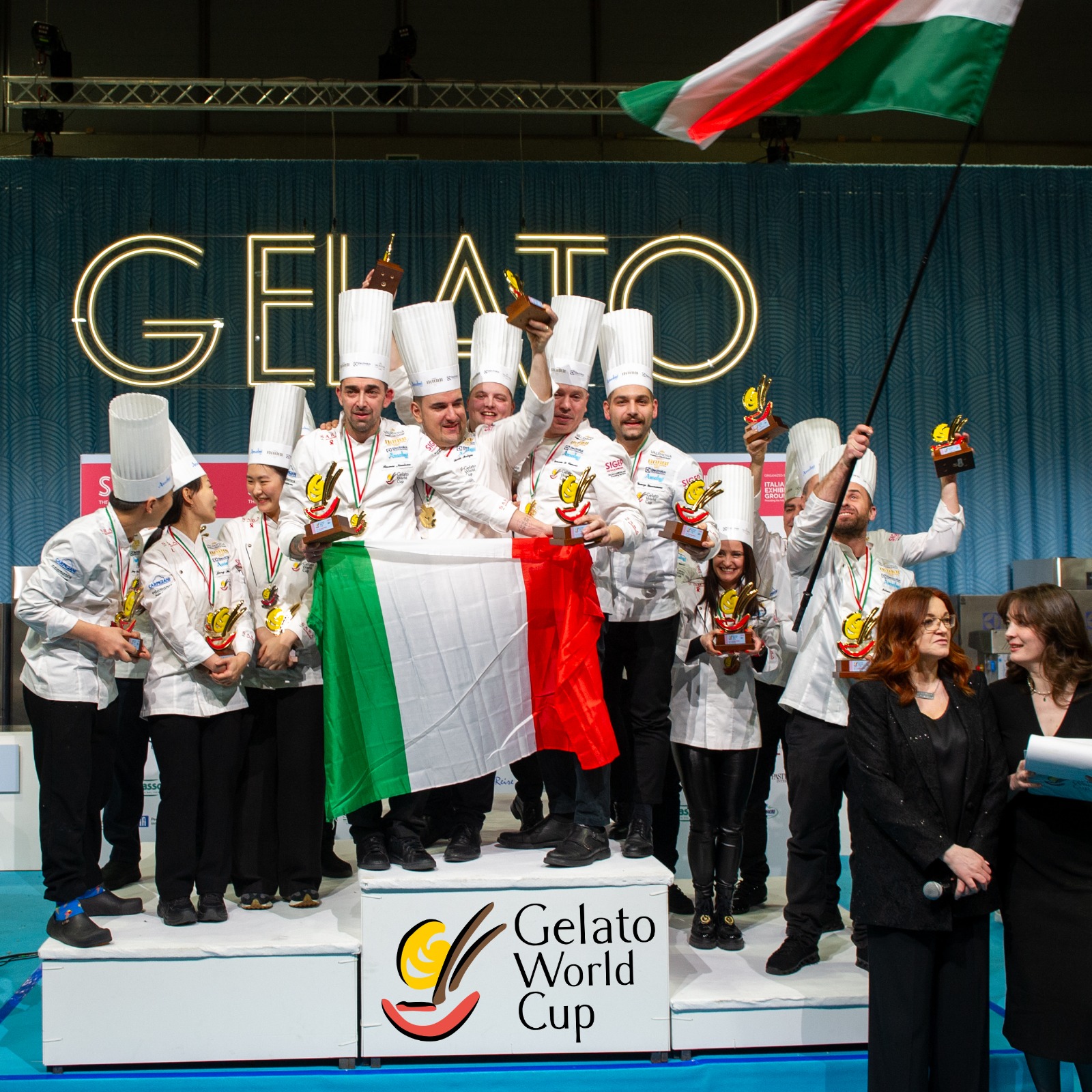 Il podio della X Edizione della Gelato World Cup: al terzo posto l'Ungheria, al secondo posto la Corea del Sud, al primo posto l'Italia.